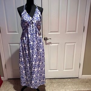 Elegant Blue and White Halter Maxi Dress